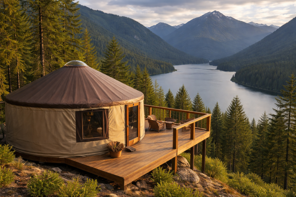 off grid yurt with wooden deck overlooking mountain lake in forested mountains similar to Washington state
