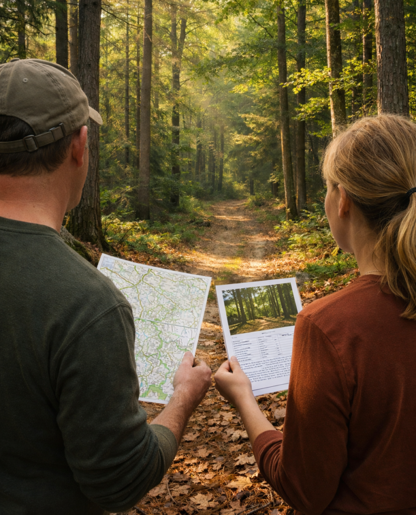 couple walking rural forest property evaluating land for off grid living with map and real estate listing