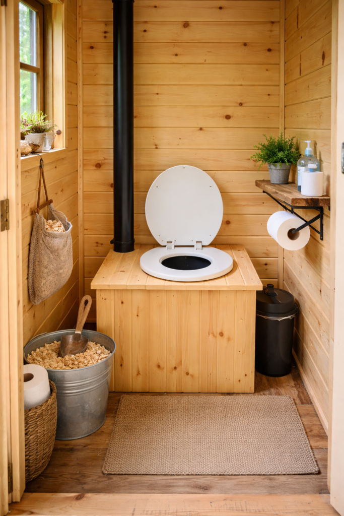 off-grid composting toilet inside small wooden outhouse with sawdust bucket and simple ventilation pipe