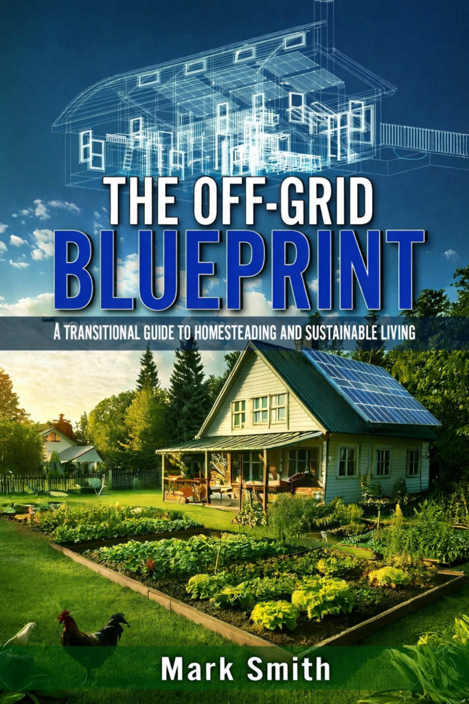 Alt text: Book cover for The Off-Grid Blueprint by Mark Smith, featuring a house with rooftop solar panels, a large garden, chickens, and a blueprint drawing of an off-grid home above the title.