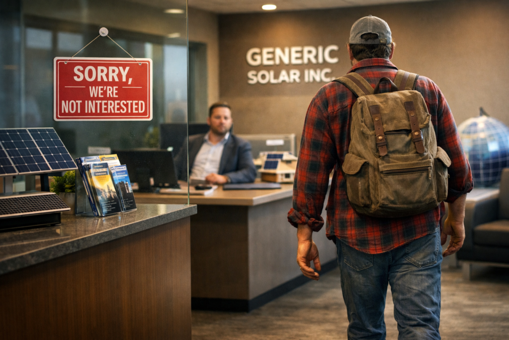 Off-grid man walking out of a solar company office labeled Generic Solar Inc with a sign saying sorry we're not interested