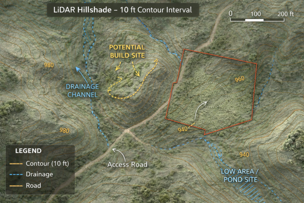 LiDAR terrain maps remove the tree canopy and reveal the true shape of the land, including drainage channels, ridges, and potential building sites.