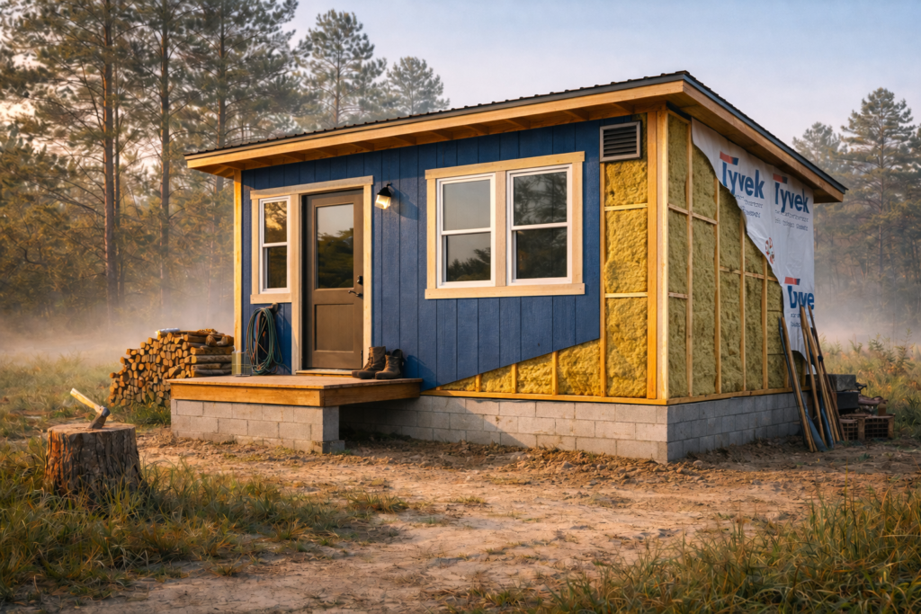 Off-grid tiny house on a stem wall foundation with exposed rock wool insulation and Tyvek wrap, showing proper building envelope details in a rural setting