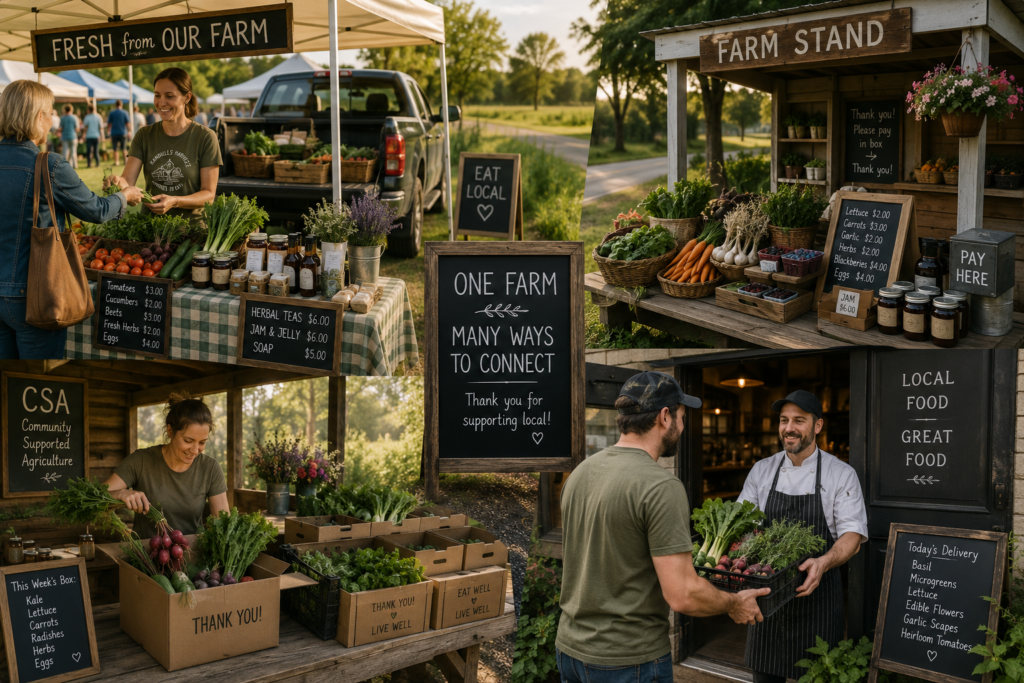 Collage-style image showing four ways a small homestead sells products locally. One section shows a farmers market booth with fresh vegetables and homemade goods, another features a rustic roadside farm stand, a third shows CSA produce boxes being packed, and the fourth shows a farmer delivering fresh produce to a restaurant chef. Warm golden-hour lighting and rustic farm details emphasize multiple income streams from one small farm.