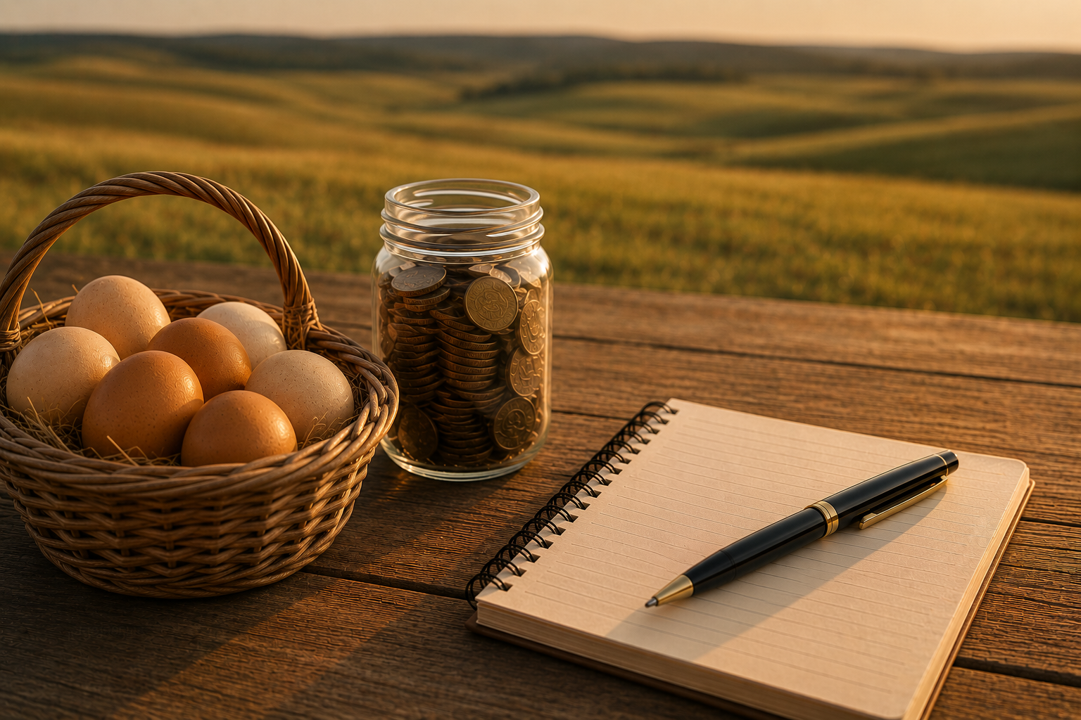 Rustic wooden table with a basket of farm eggs, a mason jar filled with coins, and a notebook with pen overlooking softly blurred rolling countryside in warm golden light.