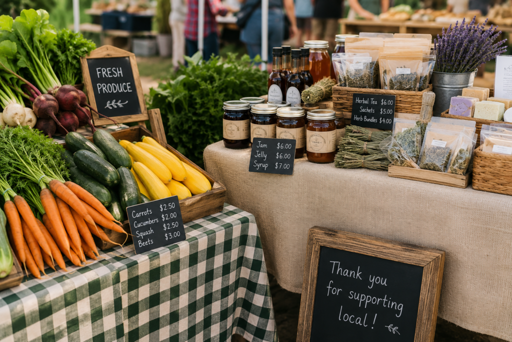 Two neighboring farmers market vendor tables at an outdoor market. One table displays fresh produce including carrots, cucumbers, squash, and beets with small handwritten price signs. The second table features value-added products such as blackberry jam, herbal tea blends, sachets, soaps, and dried herbs in rustic packaging. The image highlights the contrast between raw agricultural products and higher-value finished goods.