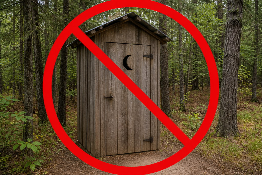 traditional wooden outhouse with crescent moon door symbol crossed out with red no symbol in forest