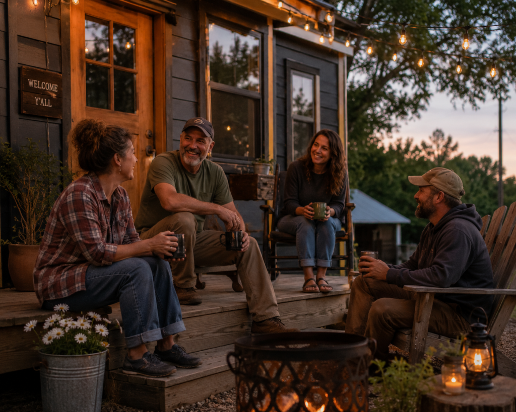 Four neighbors sitting on the porch of a tiny house at sunset, enjoying coffee and conversation around a small fire pit in a rural homestead setting.