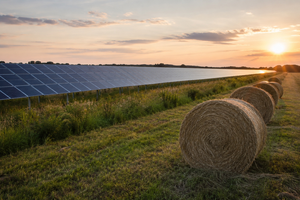 Golden-hour photo of round hay bales beside a utility-scale solar installation, showing the relationship between farming, land stewardship, and renewable energy production.
