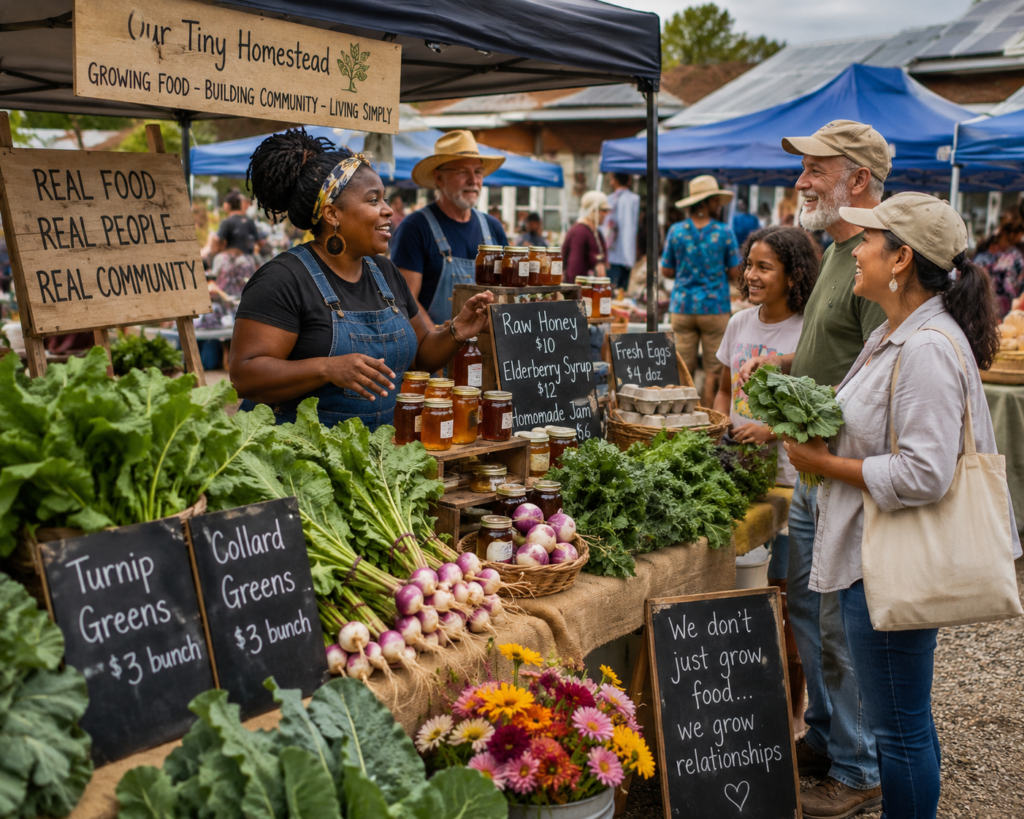Multicultural rural farmers market scene with homesteaders selling collard greens, turnip greens, honey, eggs, and homemade goods while neighbors gather and talk in a friendly community atmosphere.