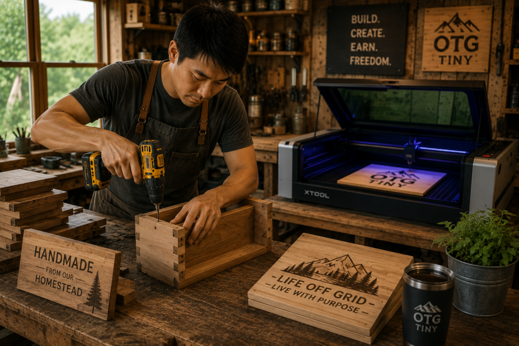 An Asian craftsman works in a rustic woodworking shop assembling a handmade wooden box with a cordless drill while a laser engraver operates in the background engraving custom wooden signs. The workshop is filled with stacked lumber, handcrafted products, and warm natural lighting, representing diversified homestead cash flow through skilled trades and maker businesses.