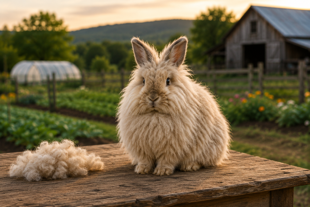 Fluffy Angora rabbit sitting on a rustic wooden table beside freshly harvested wool, with a garden, greenhouse, and barn softly blurred in the background of a small homestead.